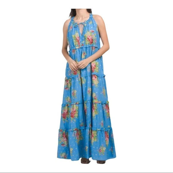 House of Harlow 1960 Helena Maxi Dress Blue Floral Multi Tiered Large - Picture 3 of 4